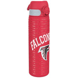 A red water bottle, featuring the Atlanta Falcons logo and 