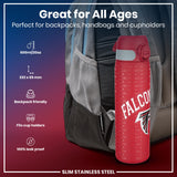 A red, slim stainless steel water bottle, featuring the Atlanta Falcons logo, rests in a backpack's side pocket. It's 600ml/20oz, 232 x 65 mm, backpack and cupholder friendly, and 100% leak-proof.