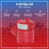 A red, slim stainless steel water bottle with a 240° flip lid is shown; the lid folds back, allowing for easy drinking on the go. The background features blurred images of American football players. The bottle is embossed with 