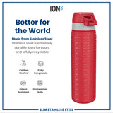 A red stainless steel water bottle, displaying repeated “Atlanta Rise Up” text, sits against a white background featuring product information; it is carbon neutral, fully recyclable, odour resistant and dishwasher safe.