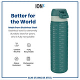 A teal stainless steel water bottle, displaying repeated 