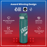 A teal, slim stainless steel water bottle, featuring an eagle design and 