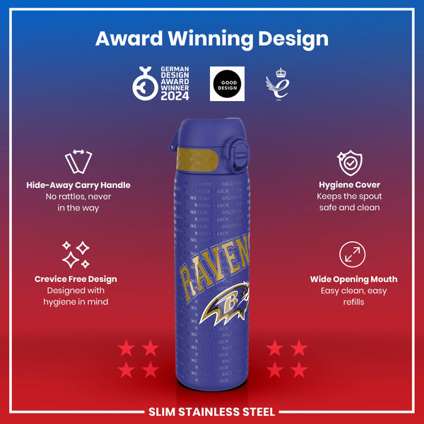 Leak Proof NFL Water Bottle, Stainless Steel, Baltimore Ravens, 600ml (20oz)