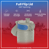 A stainless steel water bottle with a 240° flip lid is shown; the lid folds back completely for easy drinking while on the go, providing a clear line of sight. The bottle features the words 