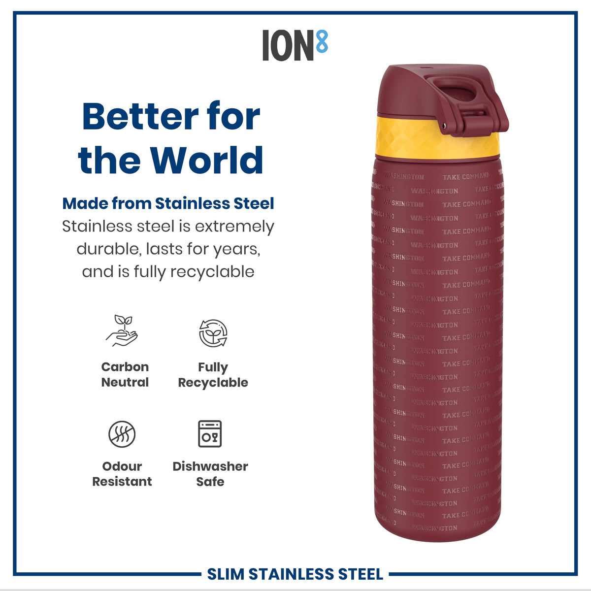 Leak Proof NFL Water Bottle, Stainless Steel, Washington Commanders, 600ml (20oz)