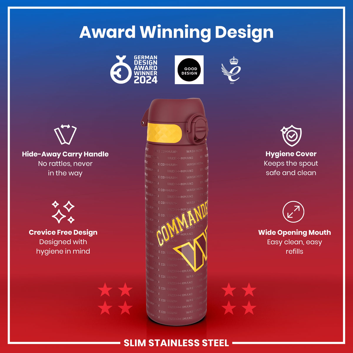 Leak Proof NFL Water Bottle, Stainless Steel, Washington Commanders, 600ml (20oz)