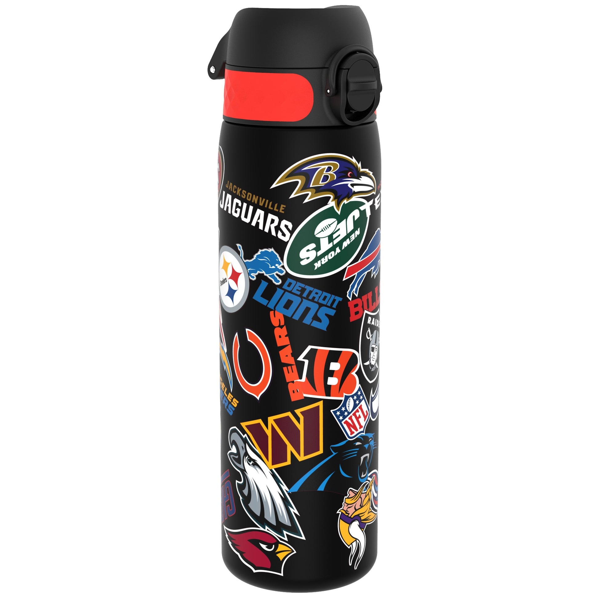 A black water bottle, adorned with various NFL team logos, stands against a white background.