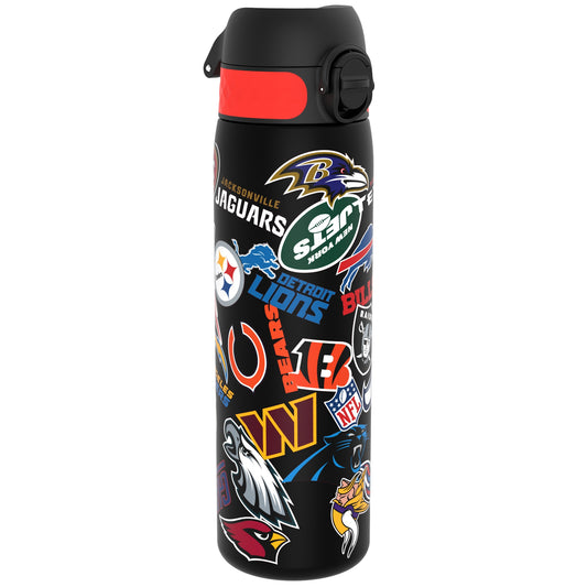 A black water bottle, adorned with various NFL team logos, stands against a white background.