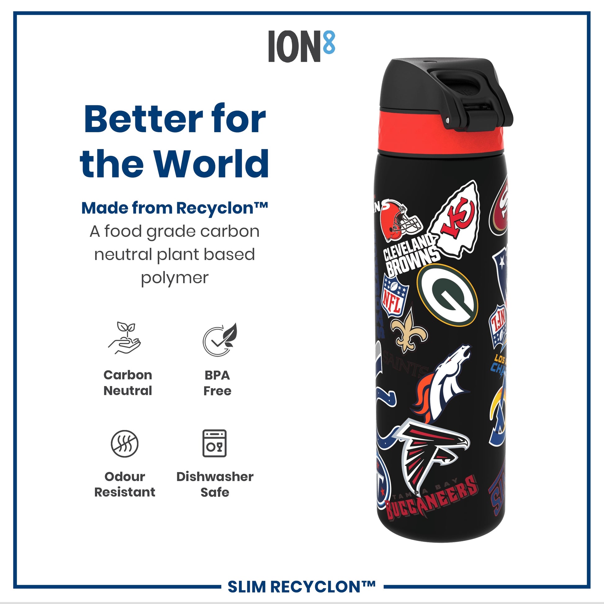 A black water bottle with various NFL team logos sits against a white background. It's made from a plant-based polymer, is BPA-free, odour-resistant, and dishwasher-safe. "Better for the World" is displayed prominently.