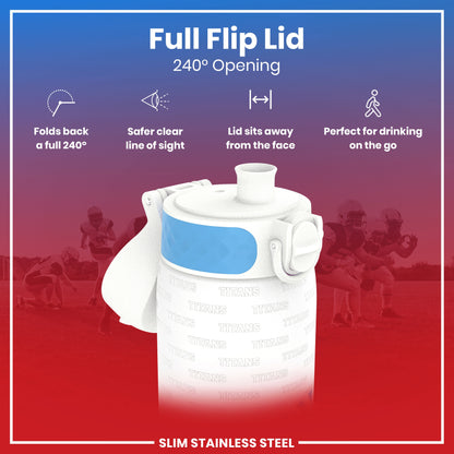 A white water bottle with a 240° flip lid, shown open, against a blurred background of football players. The bottle is slim stainless steel and says "TITANS" repeatedly on its side. "Full Flip Lid, 240° Opening" is also displayed.