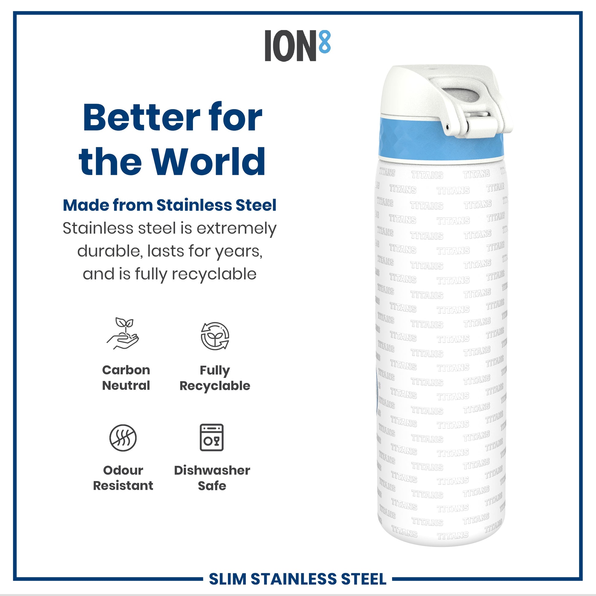 A stainless steel water bottle, featuring a light blue band and "TITANS" text repeating on its body, sits against a white background showcasing its eco-friendly features.