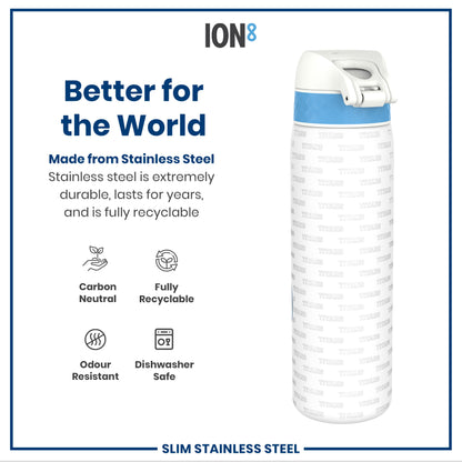 A stainless steel water bottle, featuring a light blue band and "TITANS" text repeating on its body, sits against a white background showcasing its eco-friendly features.