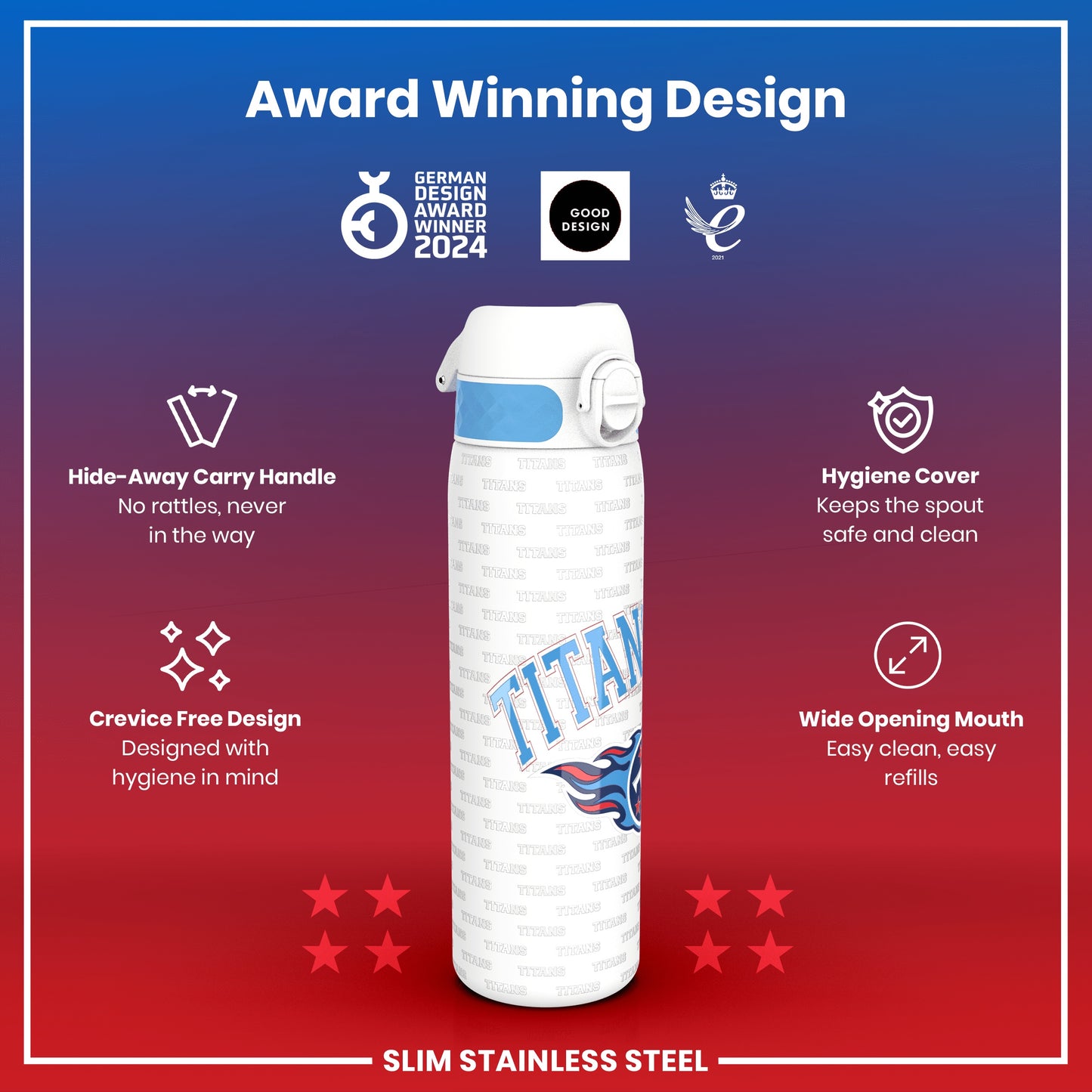 A water bottle displays its features: a hide-away handle, crevice-free design, hygiene cover, and wide mouth. It's showcased against a gradient background with award logos and star ratings, indicating its slim stainless steel construction. "Award Winning Design," "German Design Award Winner 2024," "Good Design," and "2021" are also visible.