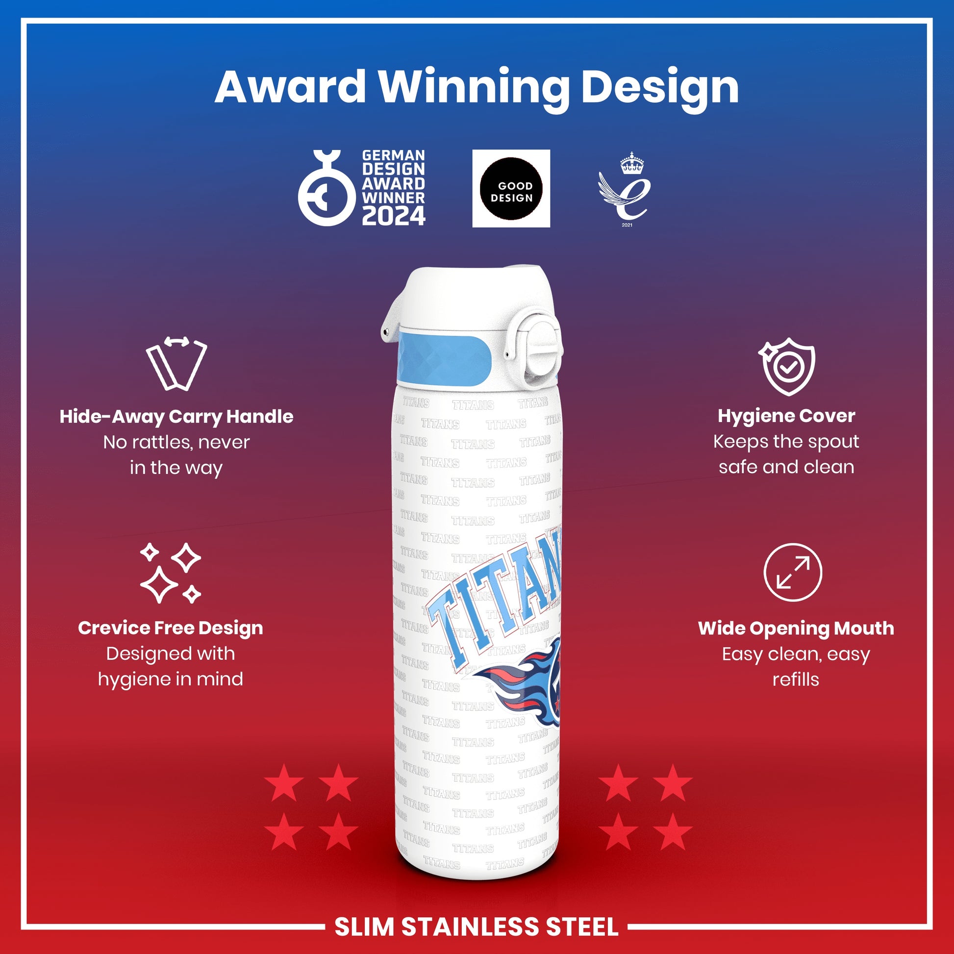 A water bottle displays its features: a hide-away handle, crevice-free design, hygiene cover, and wide mouth. It's showcased against a gradient background with award logos and star ratings, indicating its slim stainless steel construction. "Award Winning Design," "German Design Award Winner 2024," "Good Design," and "2021" are also visible.