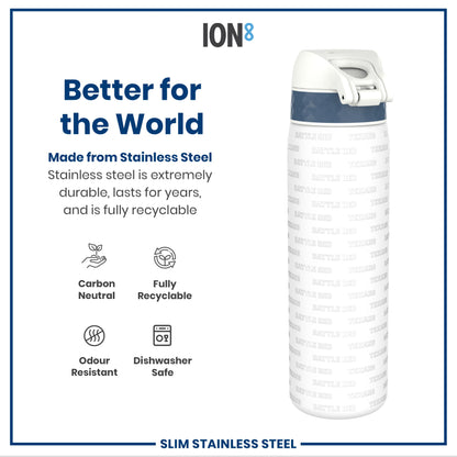 A stainless steel water bottle sits on a white background. The bottle is white with a dark blue band and repeating text; "BATTLE RED TEXANS". It is advertised as durable, recyclable, and carbon neutral.