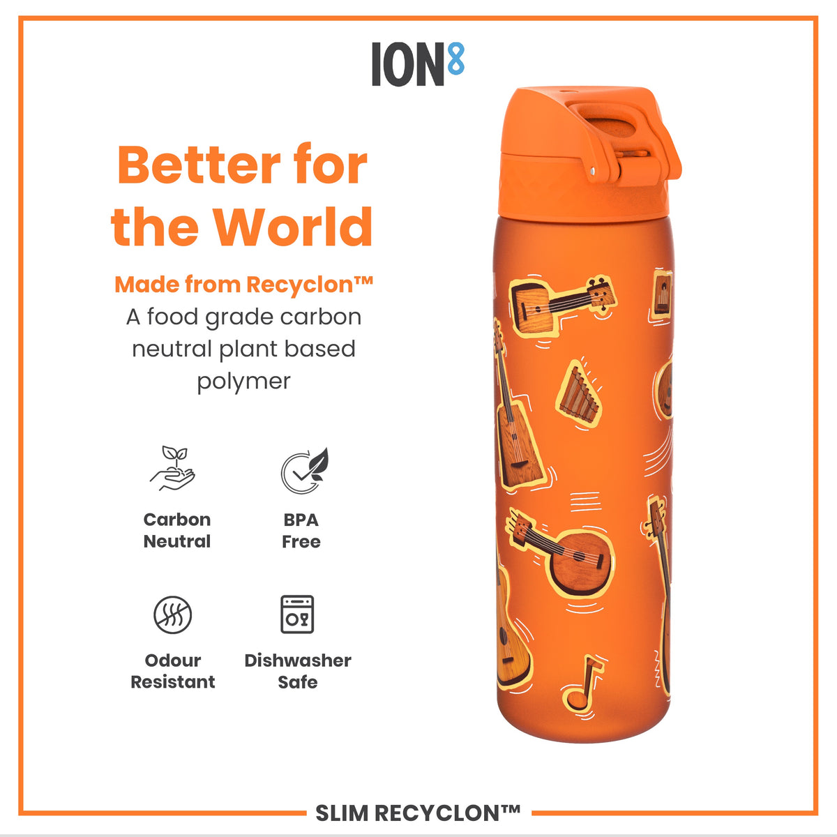 Leak Proof Slim Water Bottle, Recyclon, Music, 500ml (18oz)