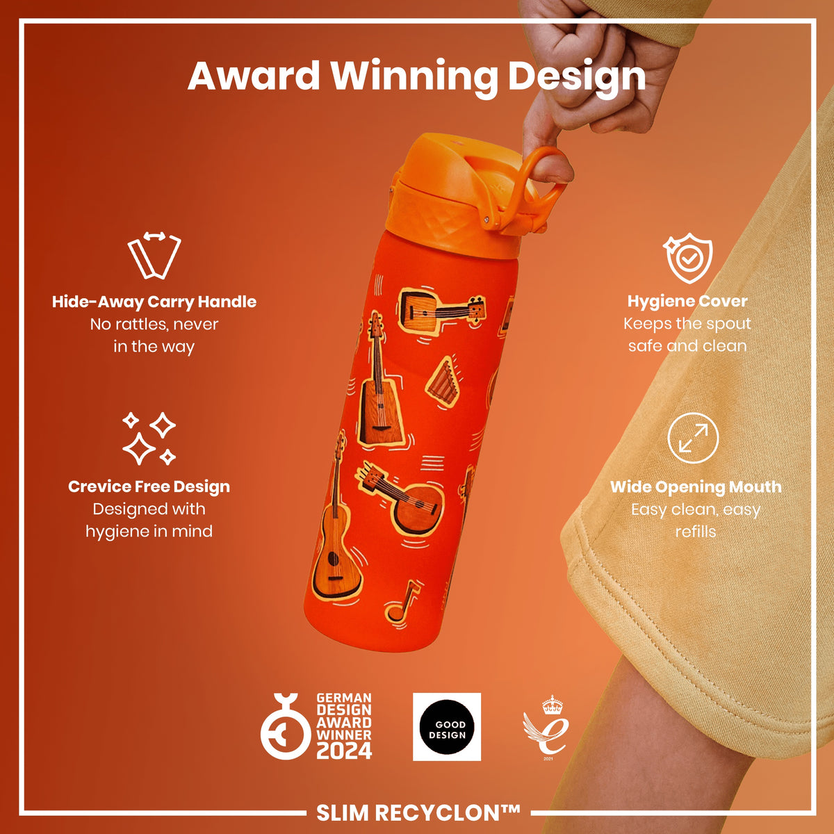 Leak Proof Slim Water Bottle, Recyclon, Music, 500ml (18oz)