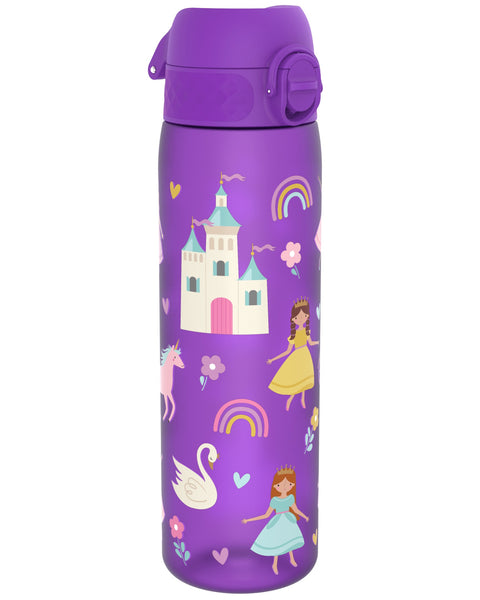 A purple water bottle, featuring a princess, castle, unicorn, and swan design, stands against a white background.