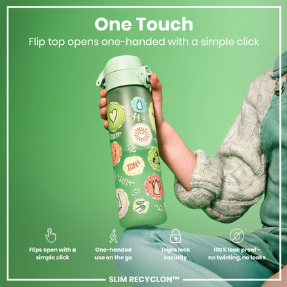 A light-green water bottle, decorated with drawings, is held; its flip top opens one-handed. The bottle is shown against a green backdrop. "One Touch. Flip top opens one-handed with a simple click. SLIM RECYCLON™"