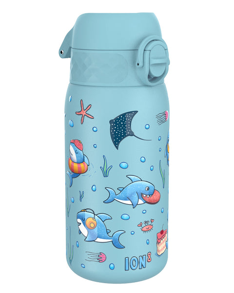 A light-blue water bottle, featuring cartoon sharks and other sea creatures, stands against a white background. ION8 is printed on the bottom.