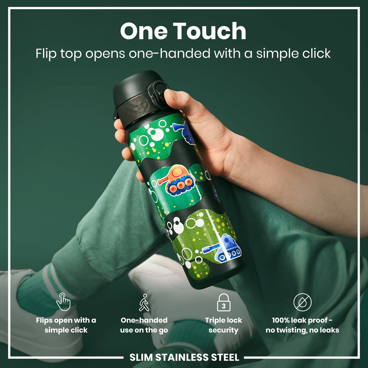 A water bottle, with a flip top, is being held. The bottle is decorated with cartoon tanks. Its features are highlighted: one-handed opening, triple lock security, and leak-proof design. "One Touch," "Flip top opens one-handed with a simple click," "Flips open with a simple click," "One-handed use on the go," "Triple lock security," "100% leak proof – no twisting, no leaks," and "SLIM STAINLESS STEEL" are written.