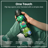 A water bottle, with a flip top, is being held. The bottle is decorated with cartoon tanks. Its features are highlighted: one-handed opening, triple lock security, and leak-proof design. 
