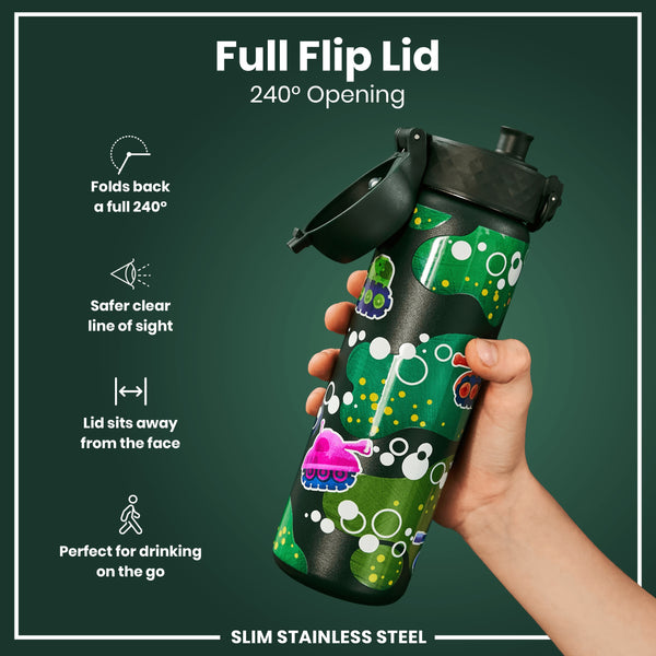 A water bottle with a patterned design is being held; its flip lid opens 240 degrees. The bottle is slim and made of stainless steel. The background is dark green.