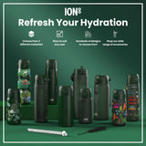 Several ION8 water bottles, varying in size and design, are displayed on a green surface. They are shown alongside accessories. Choose from 3 different materials; sizes to suit any user; hundreds of designs to choose from; shop our wide range of accessories.