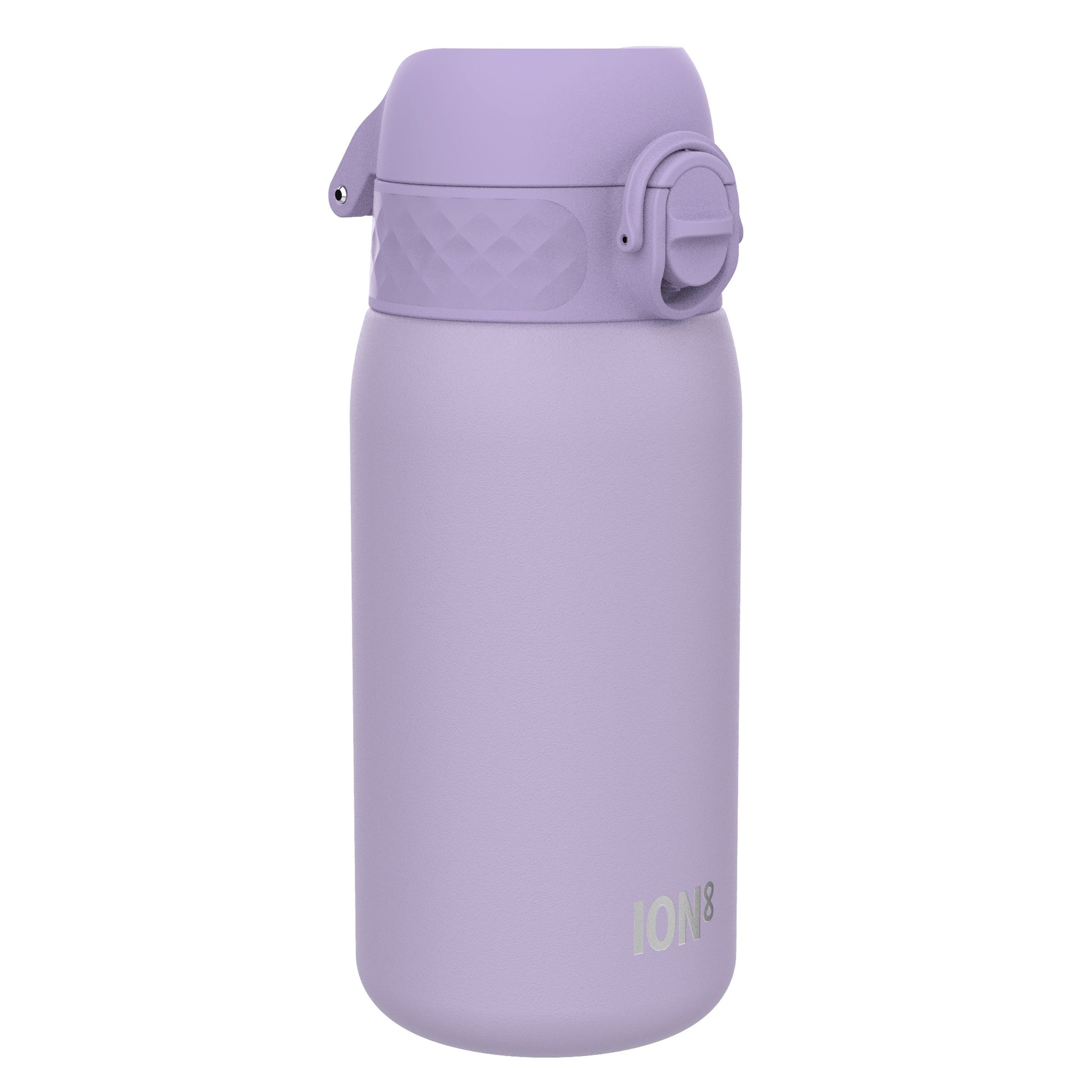 A lavender-colored water bottle sits on a white background. The bottle has a hinged lid and the word "ION8" is subtly printed near the base.