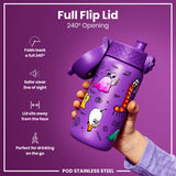 A purple, child-sized water bottle with a cartoon design is held; its lid flips open 240 degrees. The bottle is stainless steel and is shown against a purple background; text highlights its features. 