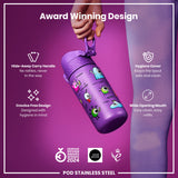 A purple, cartoon-monster-decorated water bottle is being held; its features include a hide-away handle, crevice-free design, hygiene cover, and wide mouth. The bottle is award-winning.