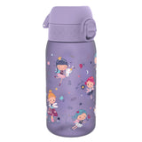 A purple water bottle, featuring fairies and magical elements, sits against a white background. The bottle displays the words 