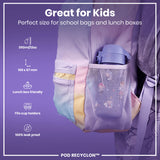 A purple water bottle fits inside a pastel-colored backpack's mesh pocket; it's sized for children's school bags and lunch boxes. The bottle is 350ml/12oz, 169 x 67 mm, leak-proof, and fits cup holders. POD RECYCLON™