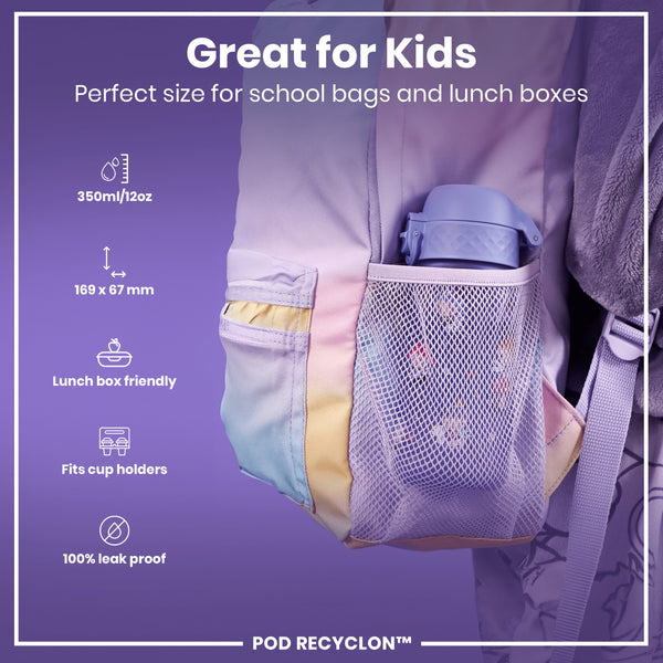 A purple water bottle fits inside a pastel-colored backpack's mesh pocket; it's sized for children's school bags and lunch boxes. The bottle is 350ml/12oz, 169 x 67 mm, leak-proof, and fits cup holders. POD RECYCLON™