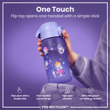 A purple water bottle, featuring a flip top, is being held; its design includes fairies and rabbits. The bottle's top opens one-handed with a simple click and has a triple lock security feature; it's 100% leak-proof.