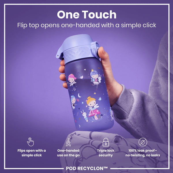A purple water bottle, featuring a flip top, is being held; its design includes fairies and rabbits. The bottle's top opens one-handed with a simple click and has a triple lock security feature; it's 100% leak-proof.
