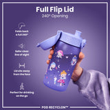 A purple water bottle, featuring a fairy design, is held; its full flip lid opens 240°. The bottle's lid is designed for safe, convenient on-the-go drinking. The text also reads 