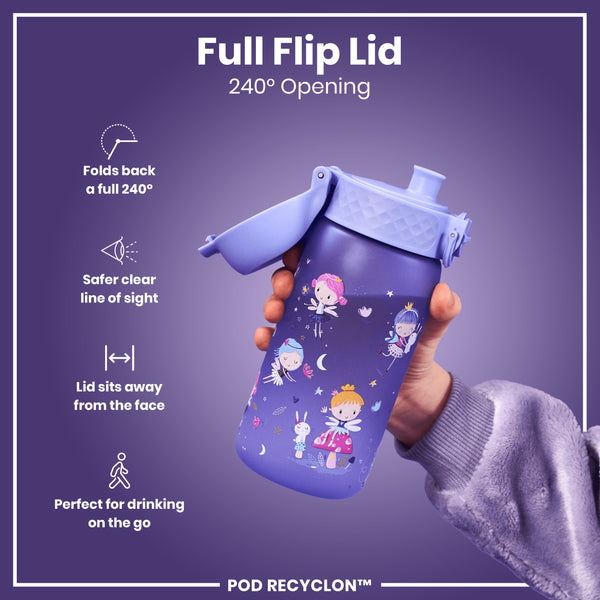 A purple water bottle, featuring a fairy design, is held; its full flip lid opens 240°. The bottle's lid is designed for safe, convenient on-the-go drinking. The text also reads "POD RECYCLON™".