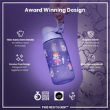 A purple water bottle, featuring a fairy design, is being held. It has a hide-away handle, hygiene cover, and wide mouth for easy cleaning and refills. Awards and design features are highlighted. GERMAN DESIGN AWARD WINNER 2024, GOOD DESIGN, and 2021 are also visible.