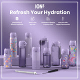 Several lavender-colored water bottles, some with various child-friendly designs, are displayed on a lavender surface. ION8. Refresh Your Hydration. Choose from 3 different materials. Sizes to suit any user. Hundreds of designs to choose from. Shop our wide range of accessories.