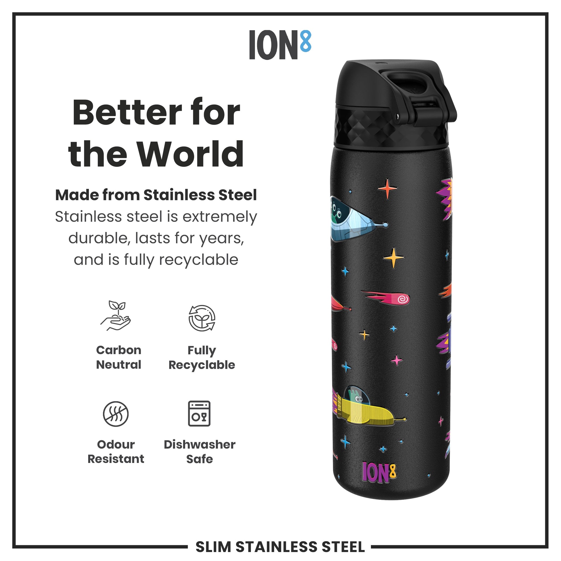Ion8 Leak-Proof Stainless Steel Slim Water Bottle, 600ml Space