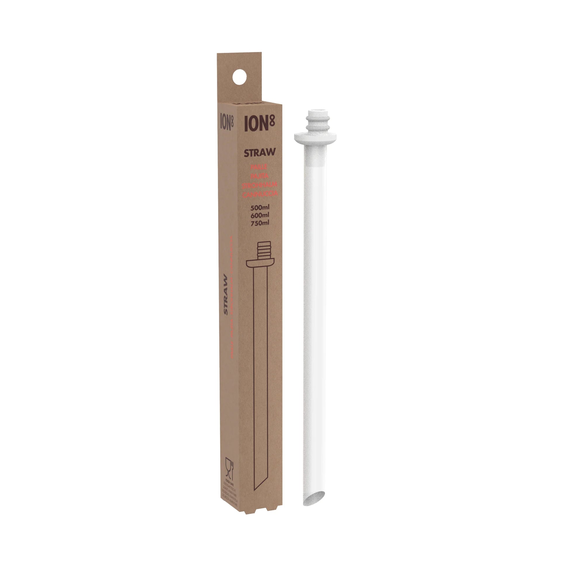 A white straw designed for Ion8 bottles is displayed next to its brown packaging. The box reads "ION8 STRAW MADE FOR DRINKING BOTTLES 500ml 600ml 750ml."