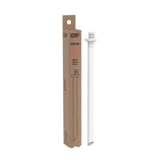 A white straw designed for Ion8 bottles is displayed next to its brown packaging. The box reads "ION8 STRAW MADE FOR DRINKING BOTTLES 500ml 600ml 750ml."