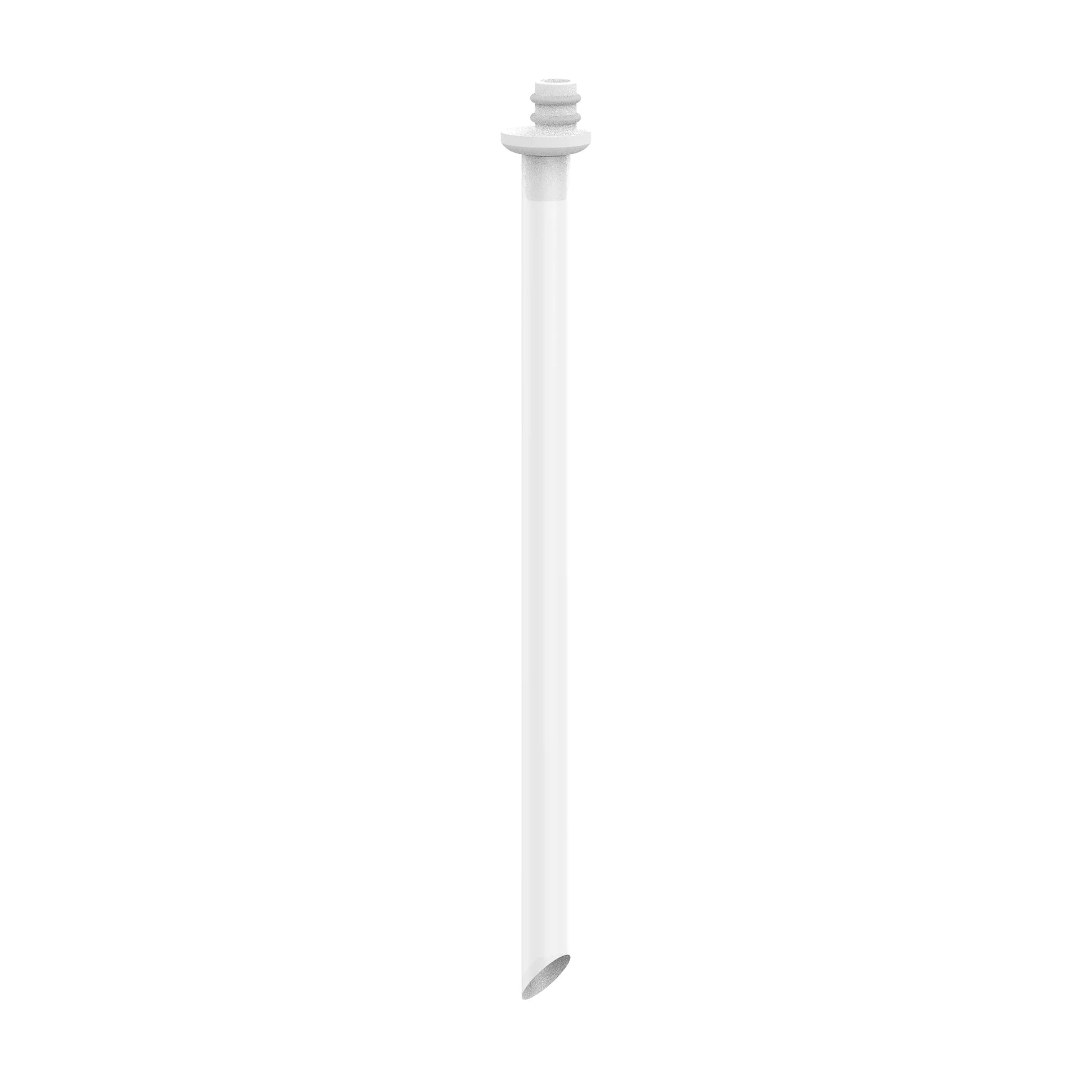 A white plastic dip tube with a threaded connector at the top is isolated on a plain white background.
