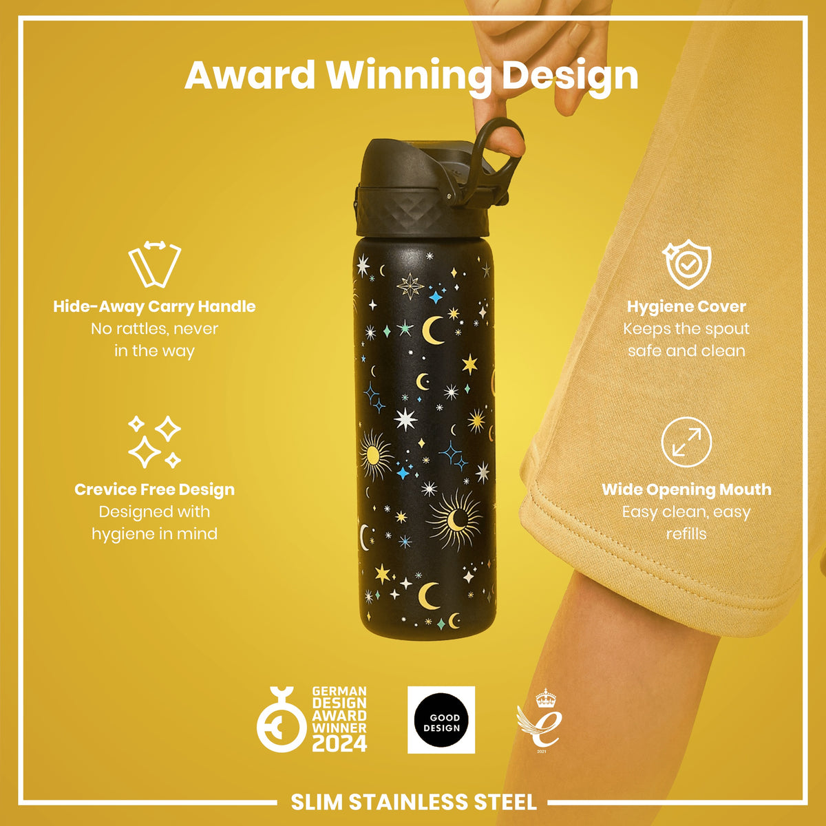Leak Proof Slim Water Bottle, Stainless Steel, Celestial, 600ml (20oz)