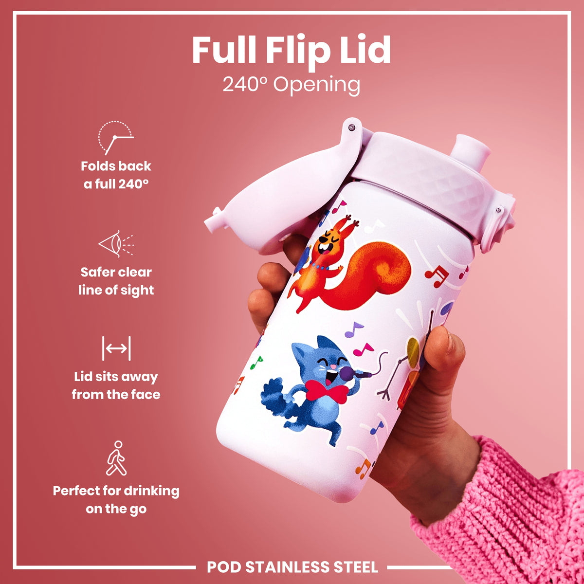 Leak Proof Kids Water Bottle, Stainless Steel, Animal Band, 400ml (13oz)