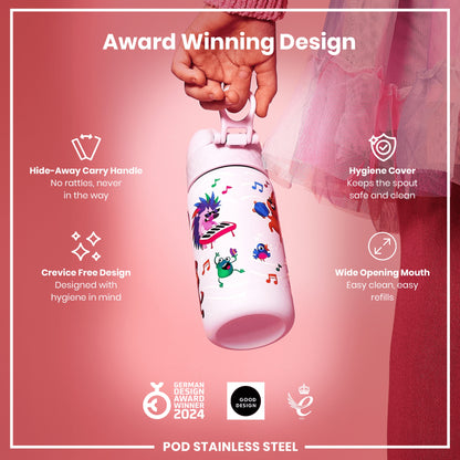 A child's hand holds a pink, cartoon-decorated water bottle featuring a hide-away handle, crevice-free design, and hygiene cover. The bottle is presented as an award-winning design.