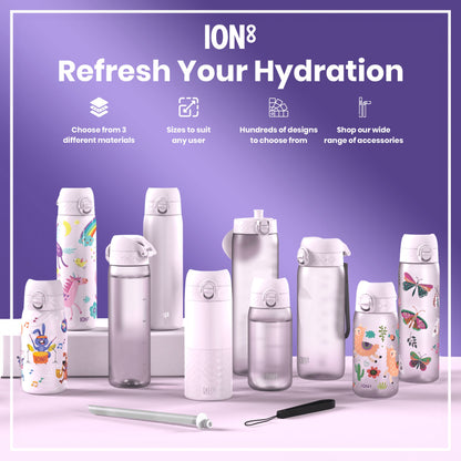 Several ION8 water bottles, in various sizes and designs, are displayed on a purple surface; a straw and carrying strap are also shown. The text reads: "Refresh Your Hydration," "Choose from 3 different materials," "Sizes to suit any user," "Hundreds of designs to choose from," and "Shop our wide range of accessories."