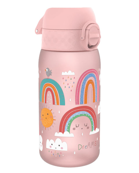 A pink children's water bottle, decorated with rainbows, clouds, and a sun, sits on a white background. Dreams.