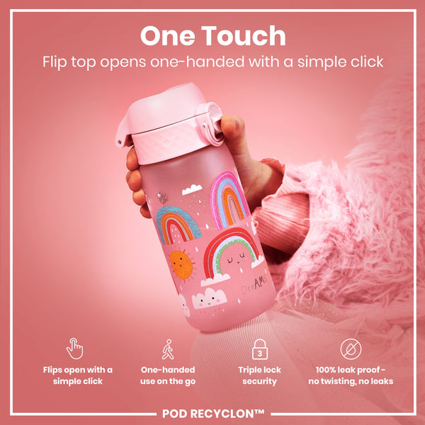 A pink children's water bottle, decorated with rainbows, is held; its flip top opens one-handed with a simple click. The bottle features a triple lock security mechanism and is 100% leak-proof. POD RECYCLON™ is also displayed.
